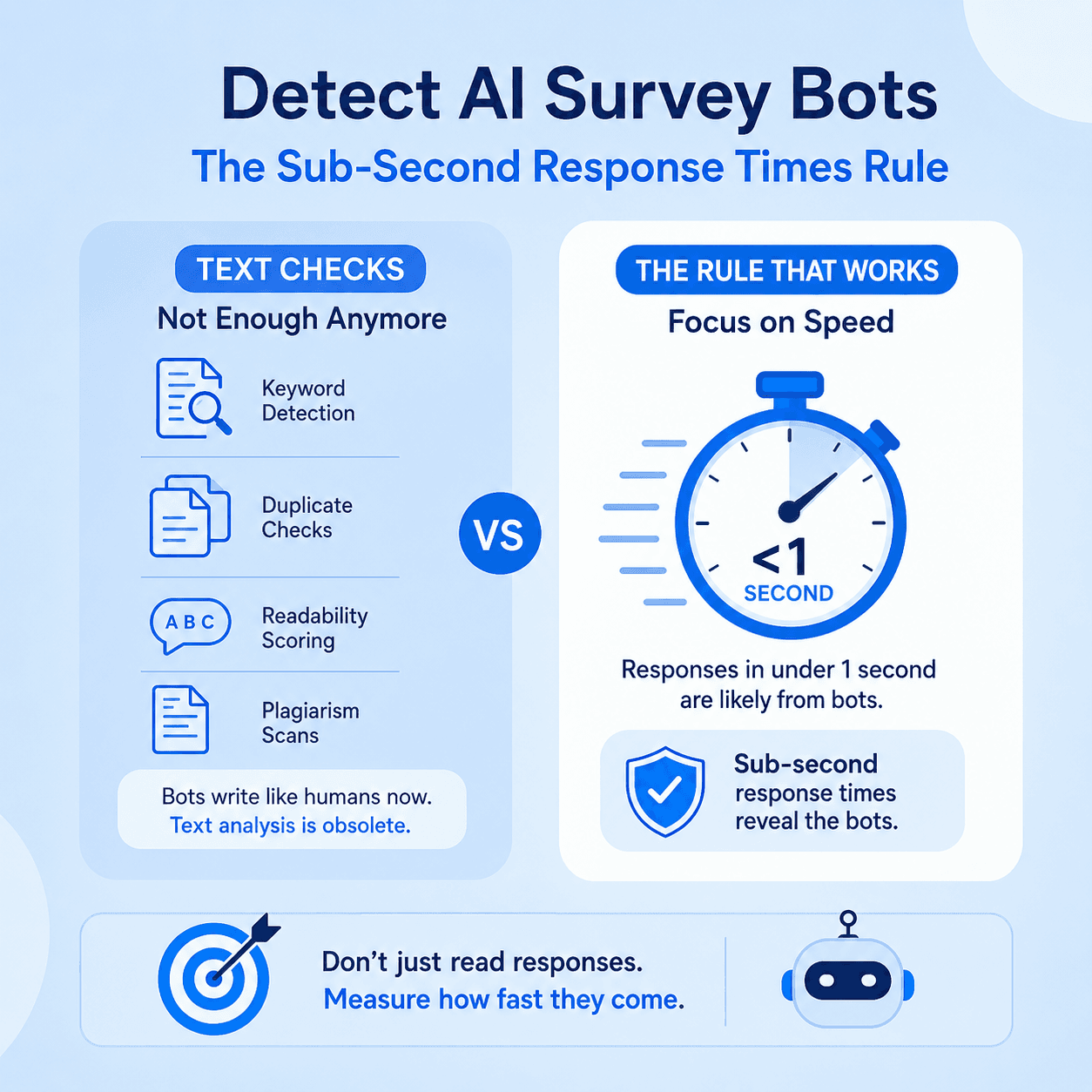 Infographic explaining how to detect AI survey bots using response speed instead of traditional text analysis. It highlights sub-second responses as a potential bot signal.