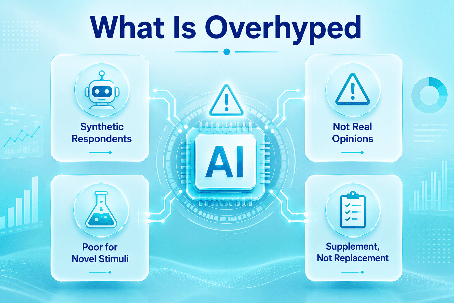 Infographic titled “What Is Overhyped” highlighting four limitations of AI in market research: synthetic respondents, unreliable opinions, poor performance with novel stimuli, and AI as a supplement rather than a replacement.