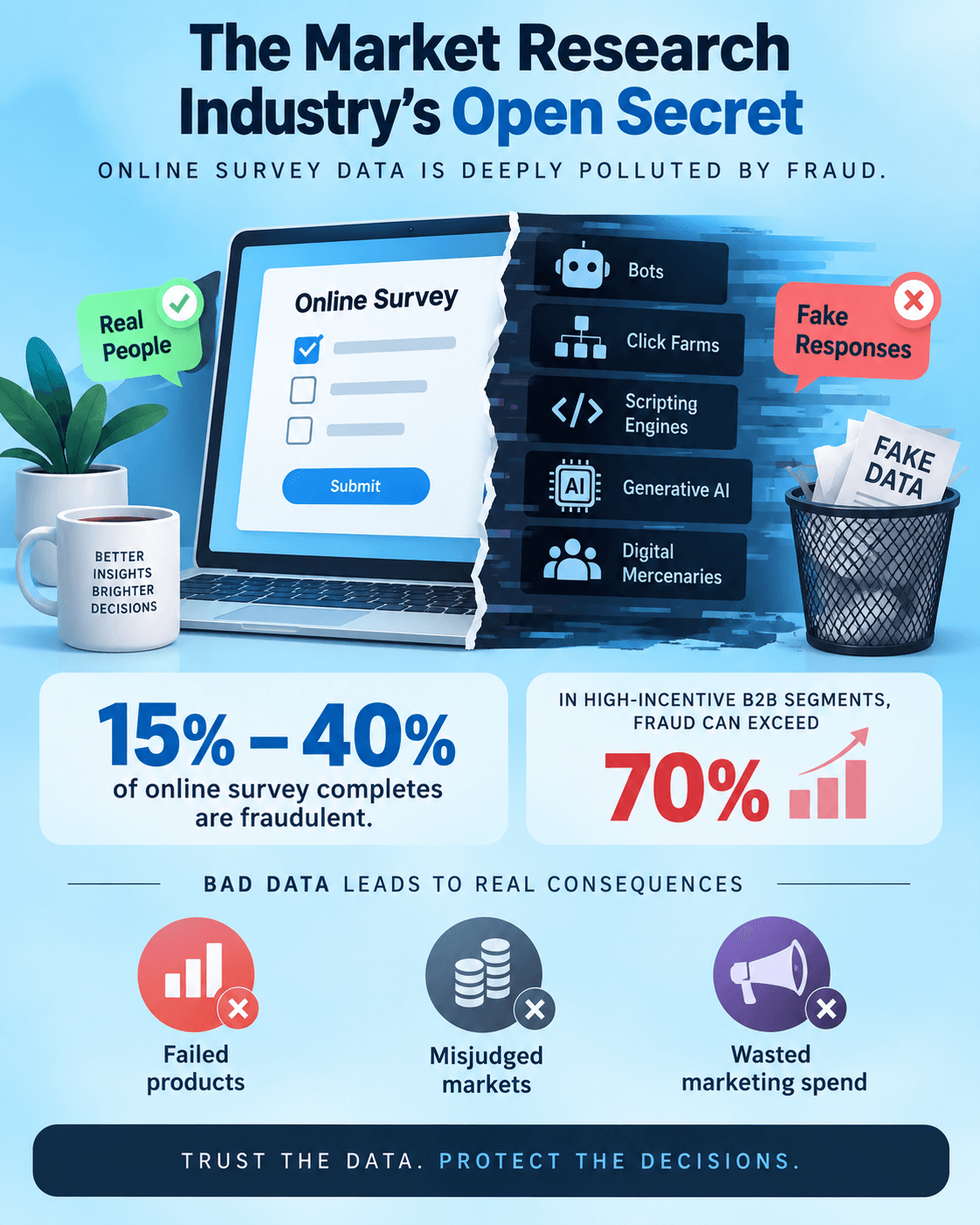 Online survey fraud infographic highlighting bots, fake responses, and data quality risks.