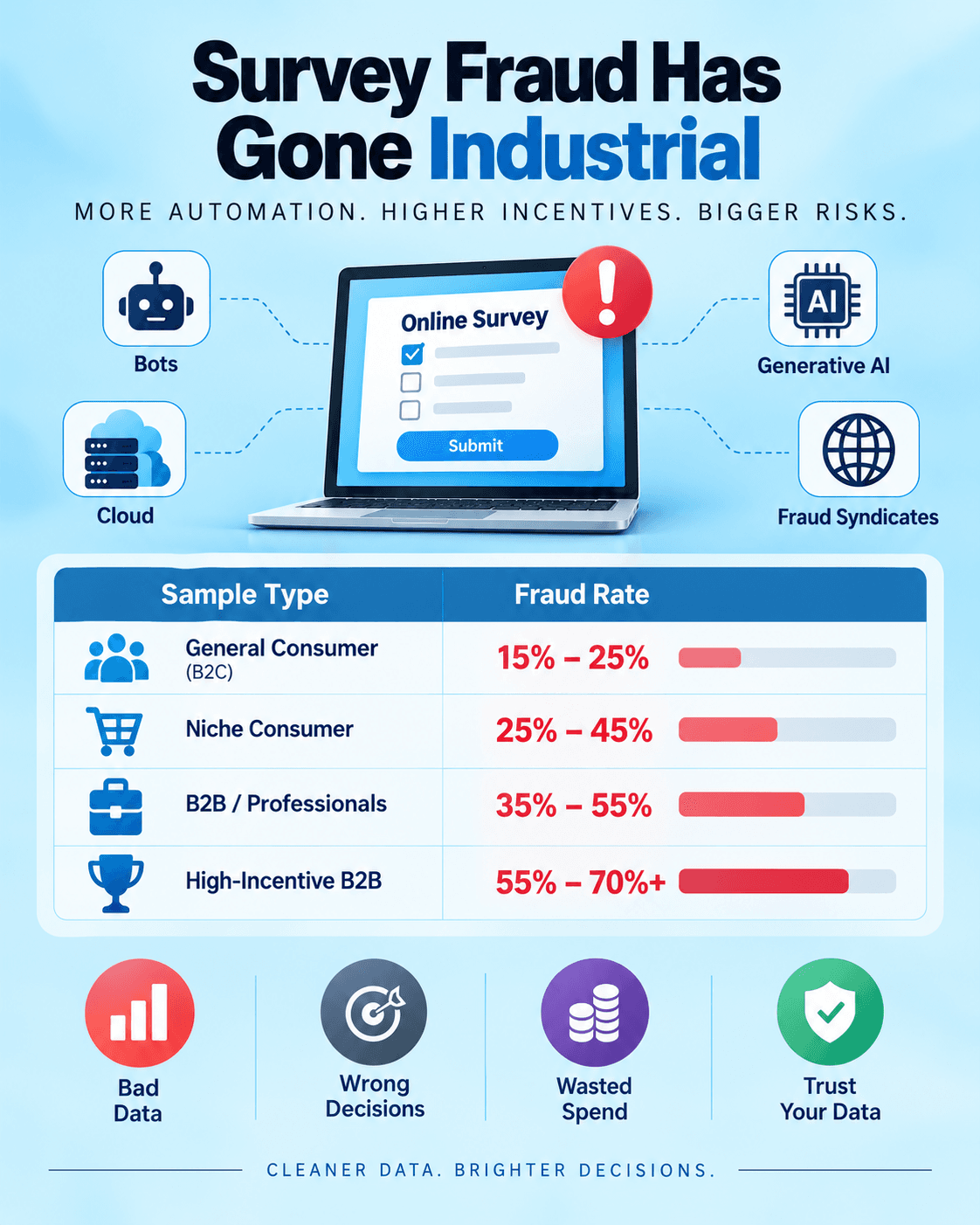 Survey fraud infographic showing bots, AI, cloud systems, and rising fraud rates.