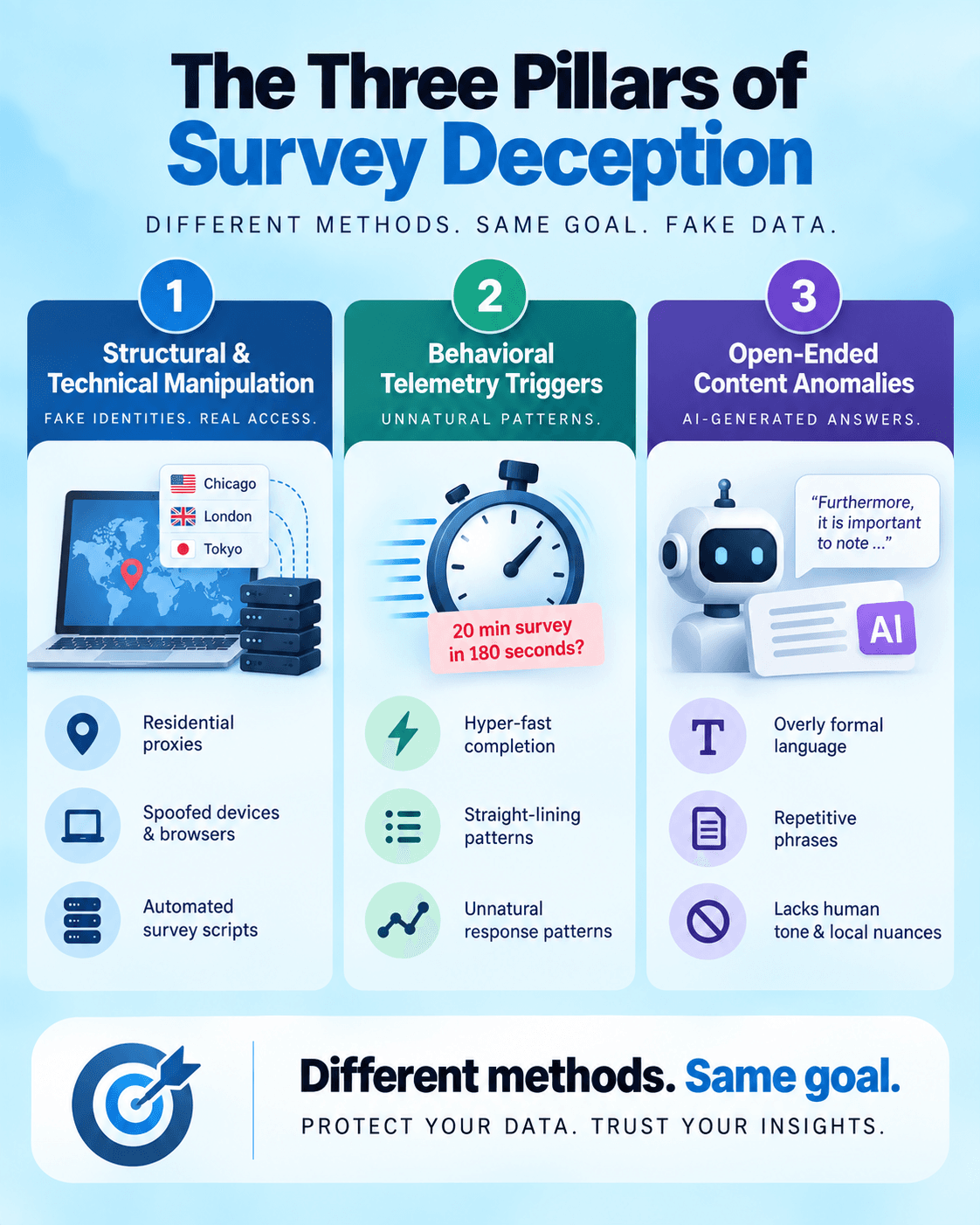 Three pillars of survey fraud: technical manipulation, behavioral anomalies, and AI-generated responses.