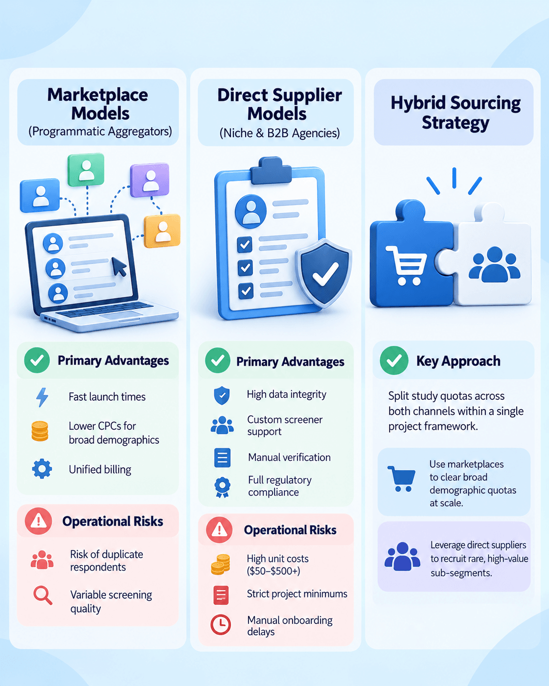 Infographic comparing three research sample sourcing models: Marketplace Models, Direct Supplier Models, and Hybrid Sourcing Strategy, highlighting their advantages, risks, and how they can be combined for efficient participant recruitment.