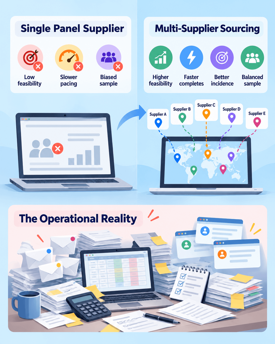 Infographic comparing single-panel and multi-supplier sourcing, showing improved feasibility, faster completes, better incidence, and sample balance alongside the administrative burden of managing multiple suppliers.