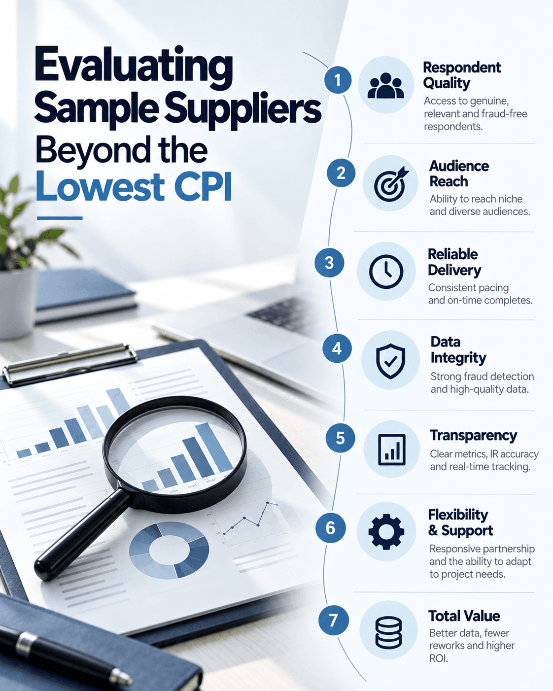 Infographic showing seven key factors for evaluating sample suppliers beyond the lowest CPI, including respondent quality, audience reach, delivery reliability, data integrity, transparency, flexibility, and total value.