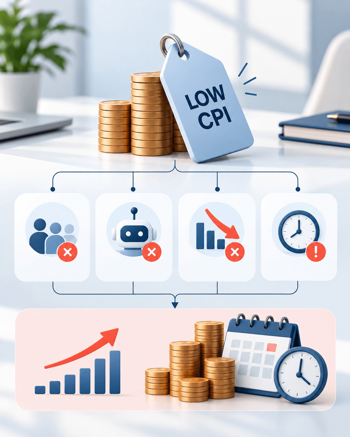 Infographic showing how low CPI can lead to hidden operational costs through high drop-offs, bot traffic, quota stalls, and extra re-fielding, resulting in higher costs and delayed delivery.