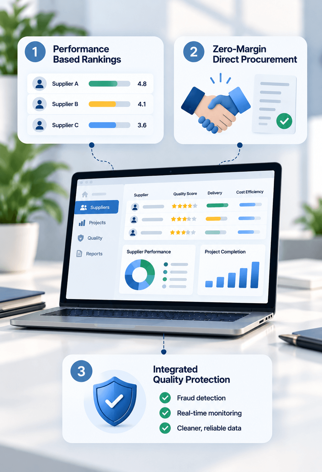 Infographic showing a sample supplier evaluation platform with performance-based rankings, direct zero-margin procurement, and integrated quality protection.